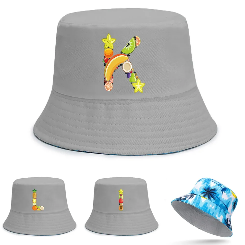

Summer Unisex Bucket Hat 26 Fruit Letter Print Women Cotton Double-Sided Simple Bob Hip Hop Hat Fashion Panama Beach Fishing Cap