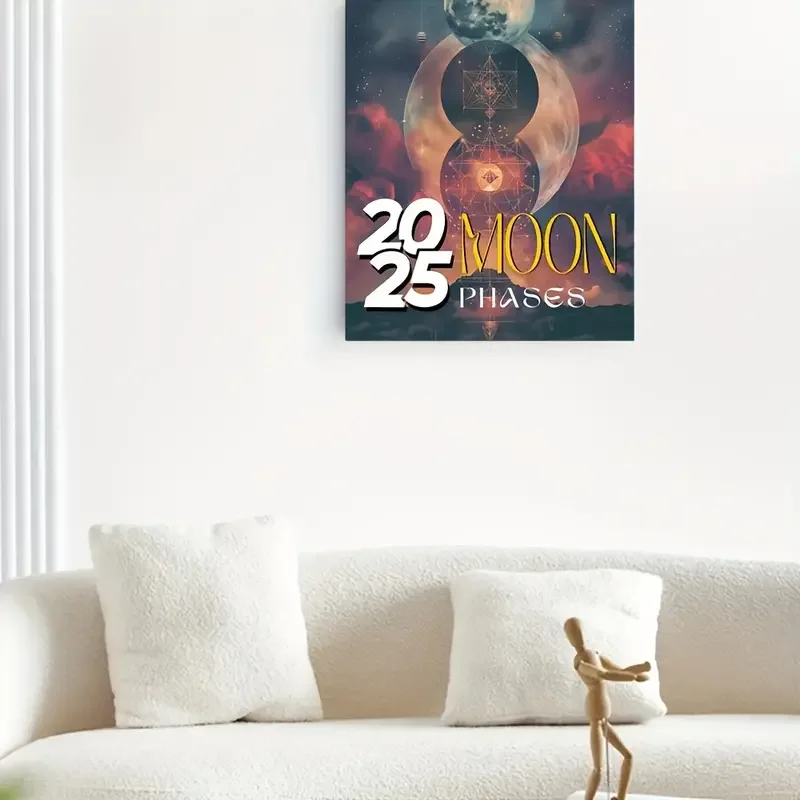 Spiral Wall Calendar-Laminated, 12 Months, Moon Phases, Yearly View, English Language, Eclectic Design with Lunar Cycles