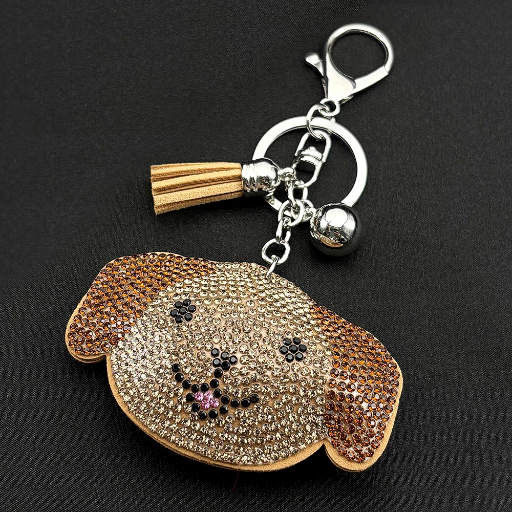 Kawaii Welpen-Kopf Schlüsselanhänger Voll mit Strass Besetzt Kristall Kinder Schüler Rucksack Deko Taschenanhänger Süßer Hund Schmuck Geschenke