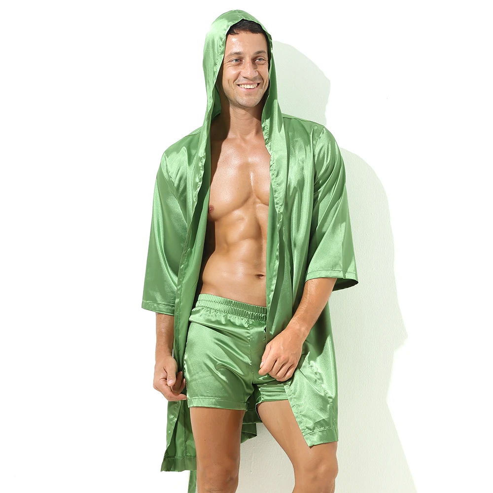 

Men Hooded Robes Boxer Shorts Silk Satin Causal Bathrobe Trunks Tracksuits Loungewear Sleepwear Pajamas Night Gown Nightwear