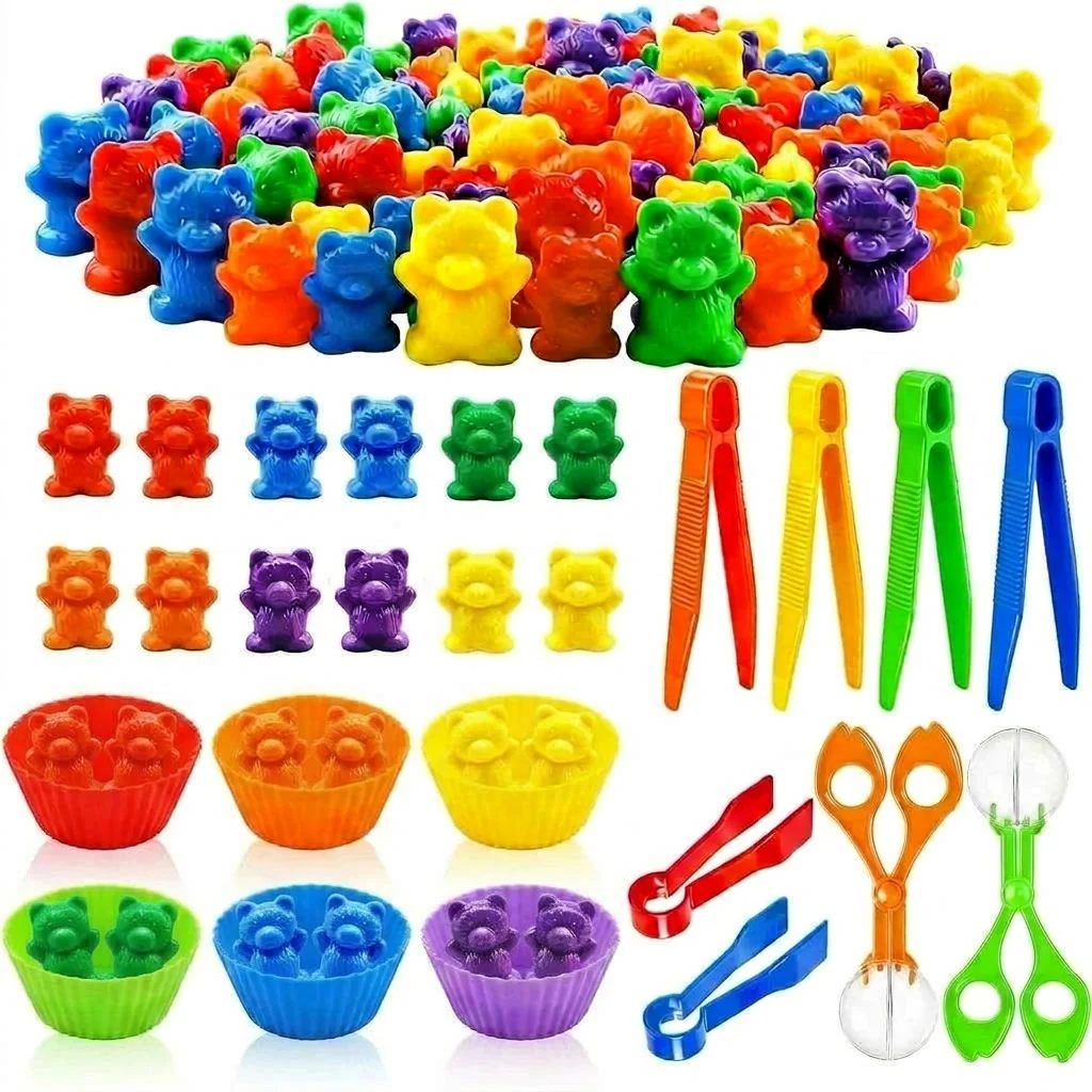 Colorful Counting Bears with Sorting Cups & Tweezers, Toddler Counting & Color Sorting Educational Toy Gift for Kids Boys Girls