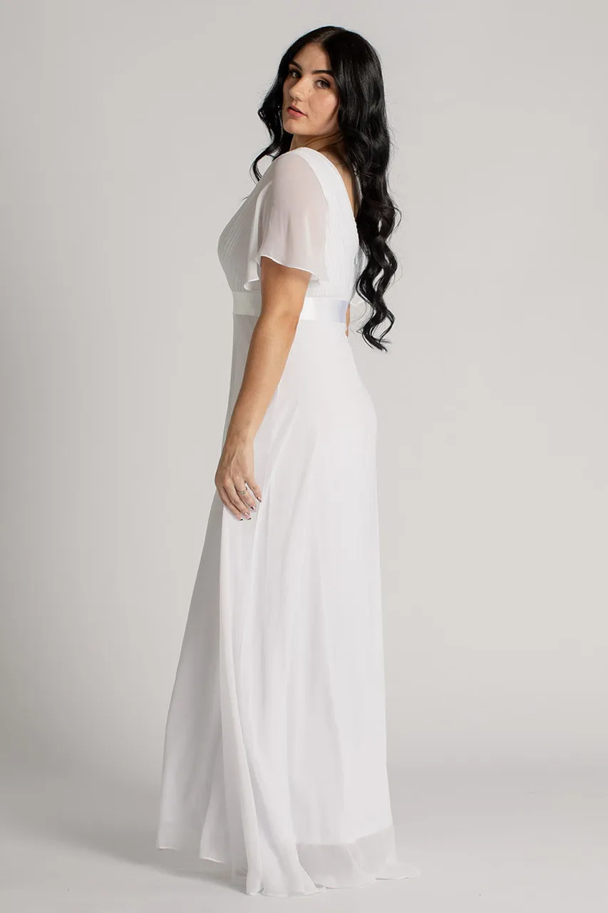 BABYONLINE Simple Bridesmaid Dress A Short Sleeved Chiffon Dress with A Satin Belt Fully Lined Zip Up Back Wedding Guest Gown