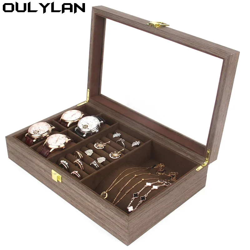 

Деревянная шкатулка для часов, органайзер для демонстрации украшений из ореха, 4 + 2 слота, для часов, ожерелий, подвесок, колец