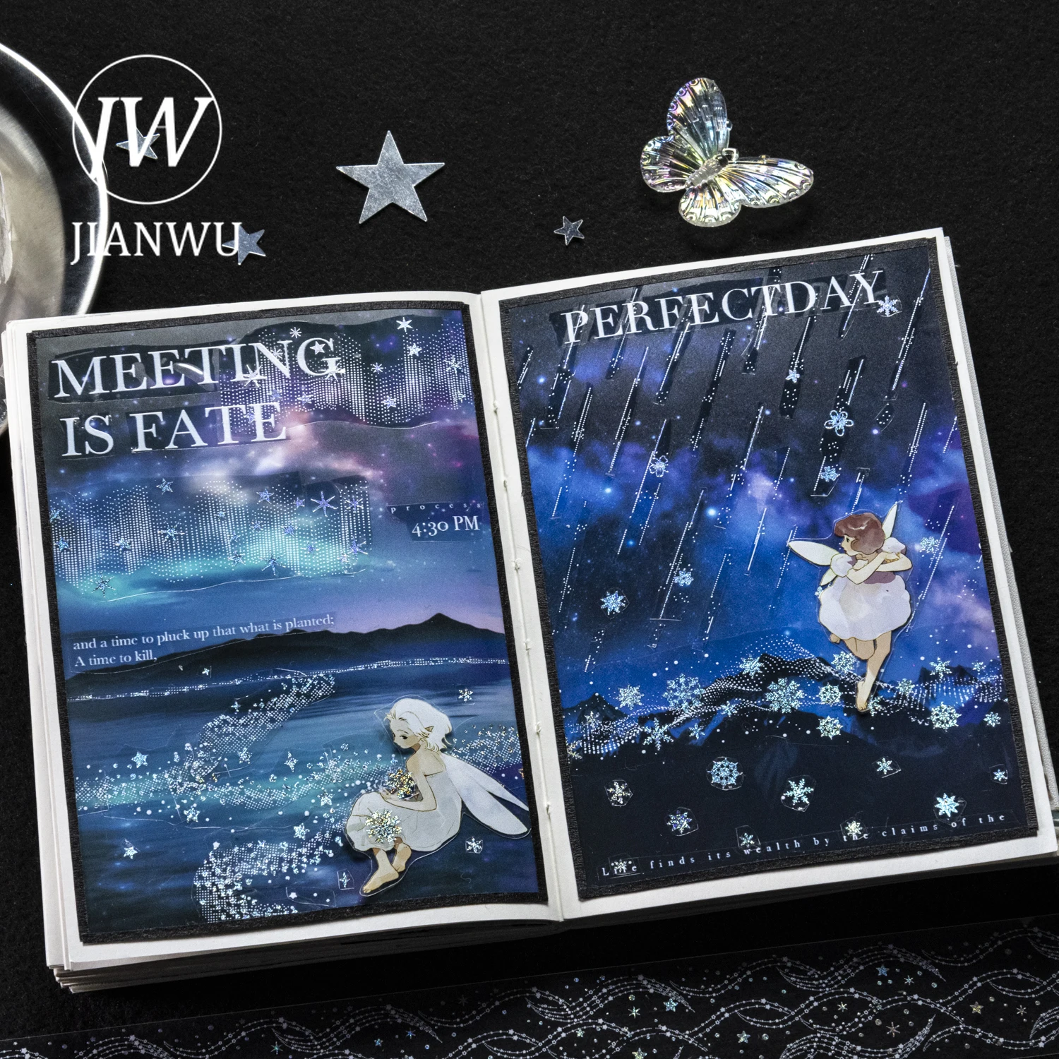 JIANWU 별이 빛나는 시리즈 빈티지 별 눈송이 풍경 소재 콜라주 PET 테이프 창의적인 DIY 저널 문구