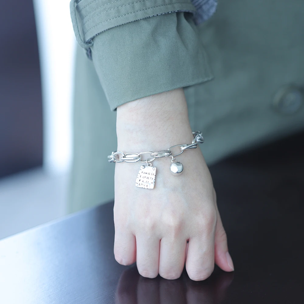 

VENTFILLE 925 Sterling Silver Thick Chain Bracelet for Women Familia Loyality Faith Love Letter Vintage Punk Jewelry Dropship
