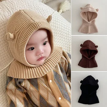 Winter Knit Balaclava Hat for Baby Cute Cartoon One Piece Scarf Cap Kids Thickened Warm Ear Protection Woolen Beanies Caps 1