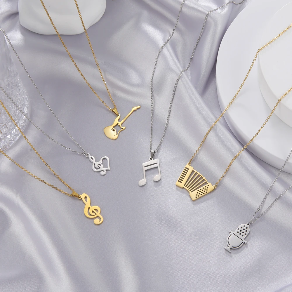 Skyrim Music Note Guitar Pendant Necklace for Women Men Stainless Steel Gold Color Microphone Accordion Neck Chain Jewelry Gift