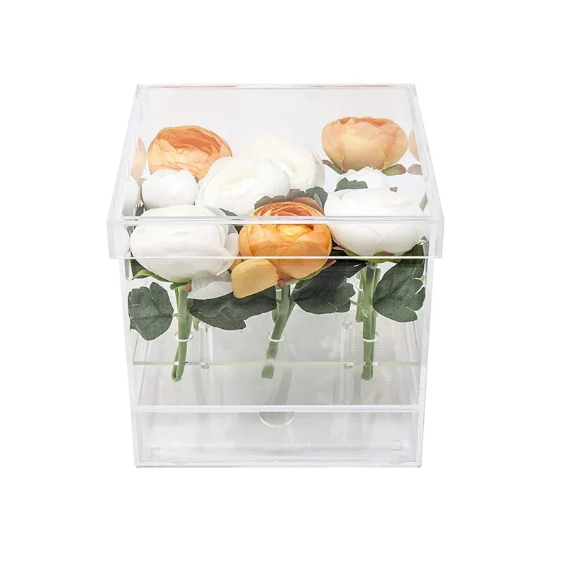 

Clear Acrylic Flower Box With Drawer 9/16 Holes Flower Box Waterproof Acrylic Rose Box Gift Wholesale Valentine's Day Wedding