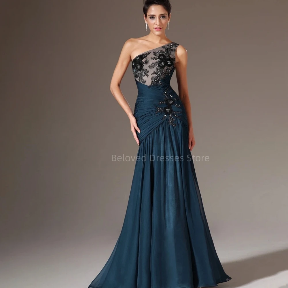 

Elegant Dark Blue Mermaid Evening Dresses With Pleated One Shoulder Floor-Length Formal Party Gowns Vestidos De Fiesta 2024