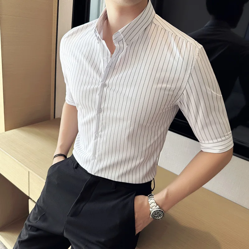 

Рубашка мужская с короткими рукавами, приталенная сорочка в полоску, с вышивкой, с рукавом до локтя, лето
