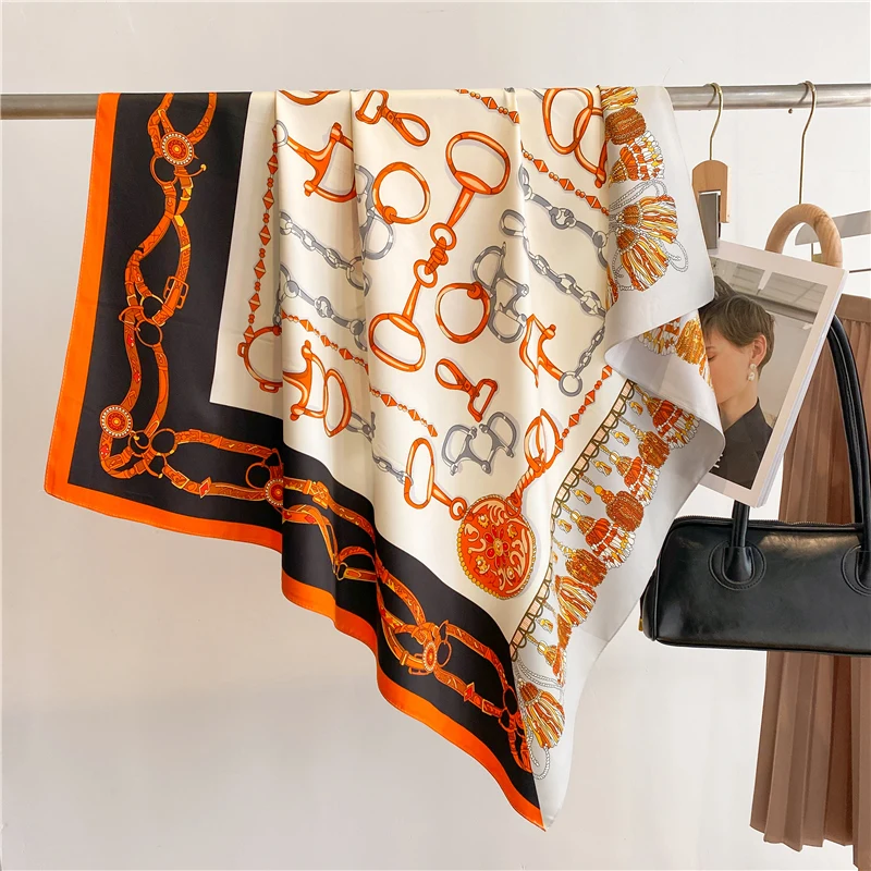 

Роскошный саржевый шелковый шарф для женщин, модный квадратный женский хиджаб 90 см, повязка на голову, пляжные палантины, бандана 2023