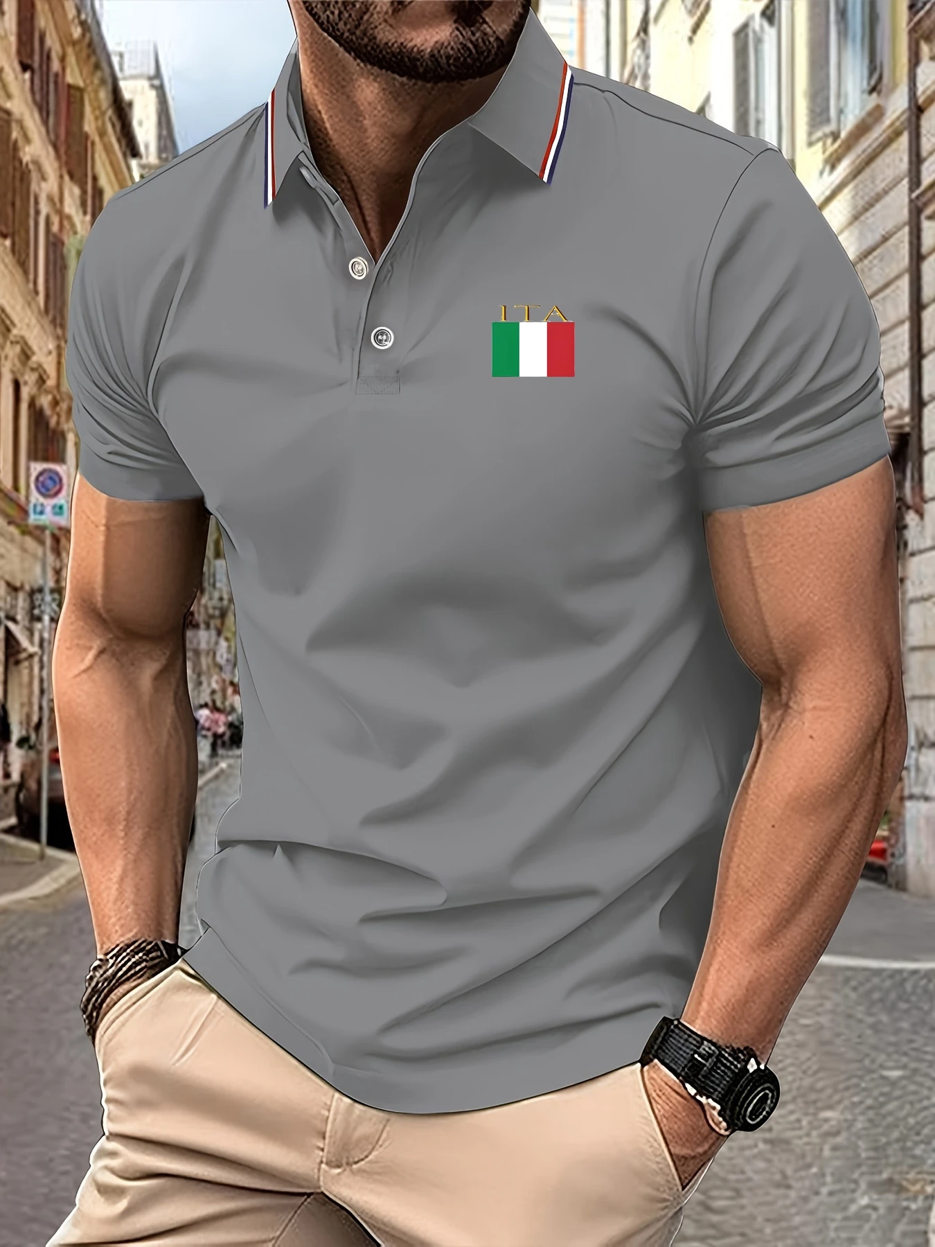 2025 Polo da uomo ricamata con bandiera italiana estiva manica corta traspirante leggera casual strisce con risvolto morbido al tatto - immagine 2