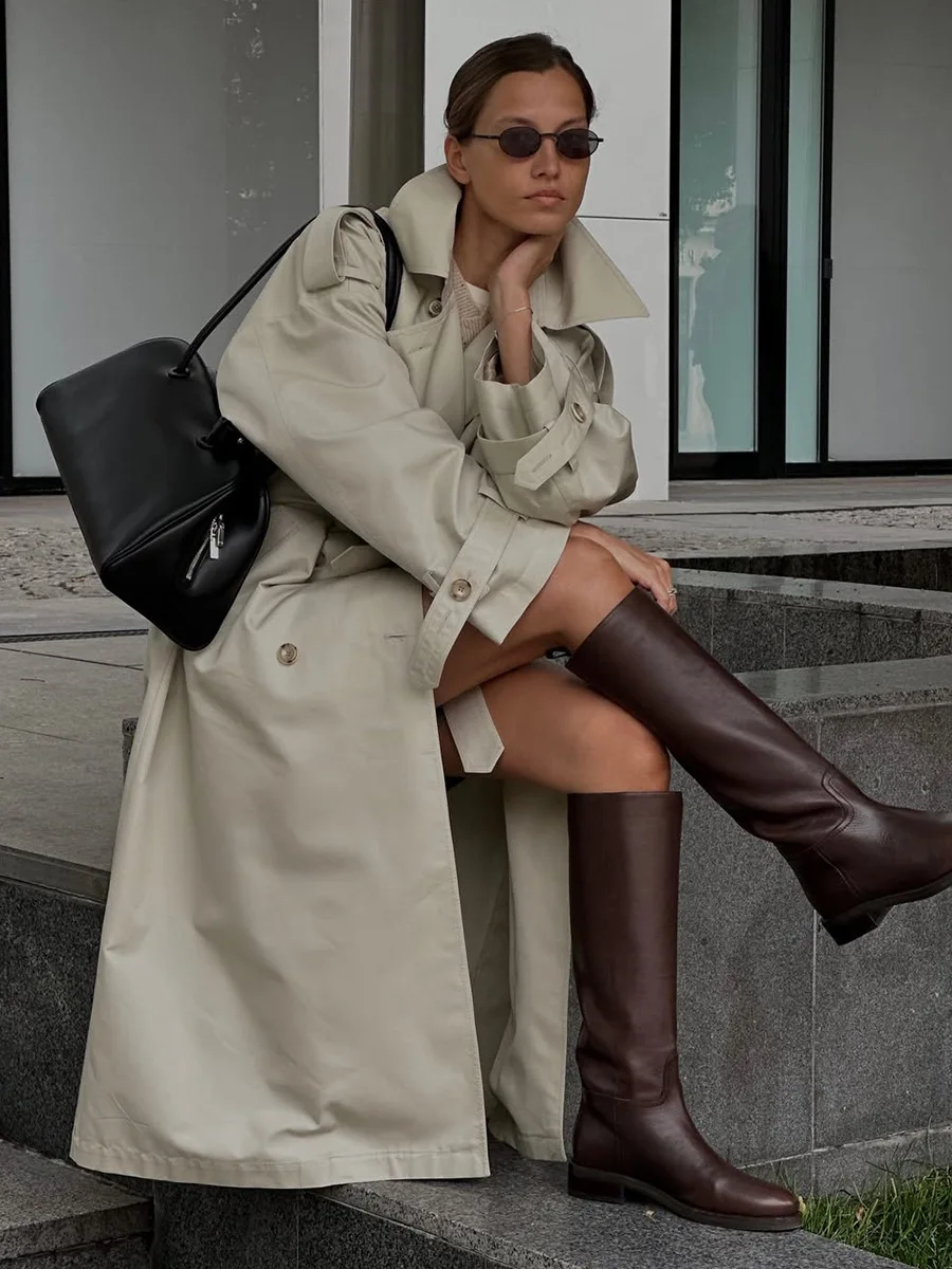 Bornladies New Autumn Winter Women's Retro Long Trench Coat Office Lady Loose Belted Waist Fahsion Outerwear Jackets