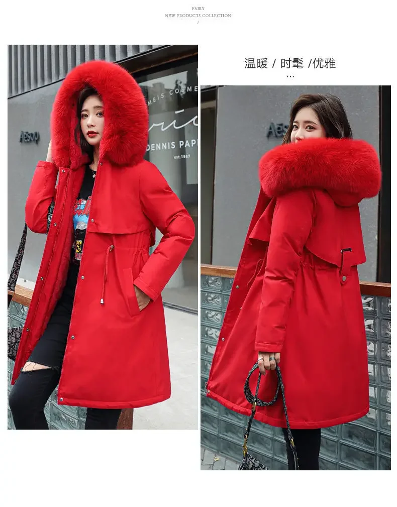 Fur Lining Mujer Coat 2025 New Winter Thick Warm Down Padded Jacket Women's Plus Velet Cotton Coat Winter Hooded Loose Parkas