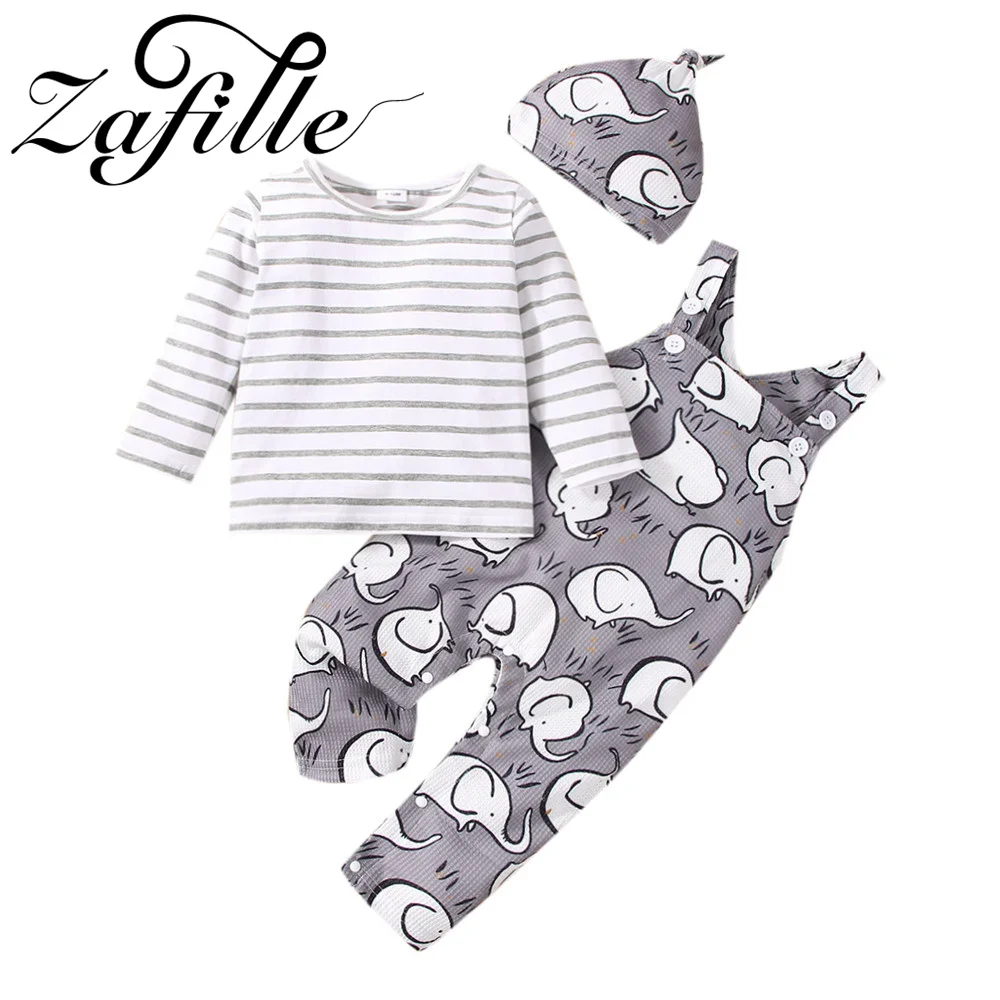 

ZAFILLE Baby Boys Clothes Set Striped Top+Elephant Printed Overalls 3Pcs Spring Autumn Kids Toddler Costume Cartoon Girls Suits