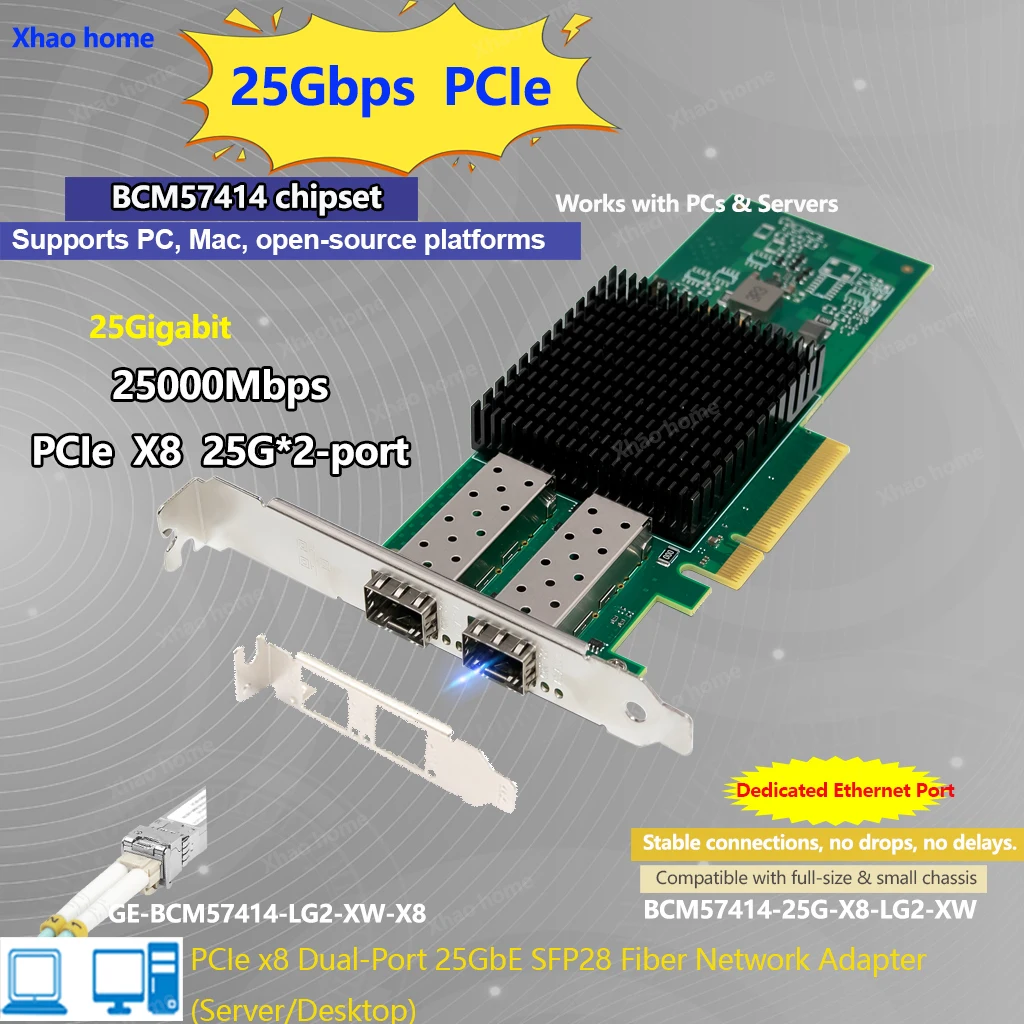 BCM57414 듀얼 포트 25G SFP28 PCIe 광섬유 네트워크 카드 산업용 등급 25000Mbps 서버 NIC (워크스테이션 및 데이터 센터용)