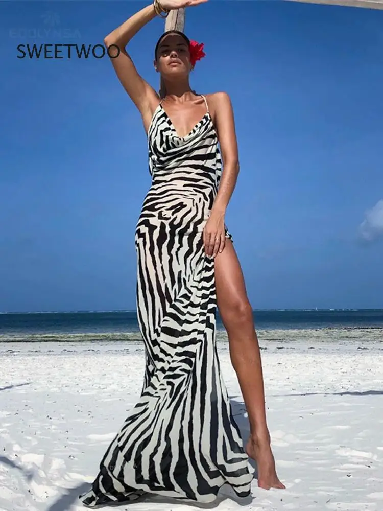 

Женское пляжное платье на бретелях-спагетти, элегантный сарафан с разрезом сбоку и открытой спиной в виде зебры для клувечерние, лето 2022
