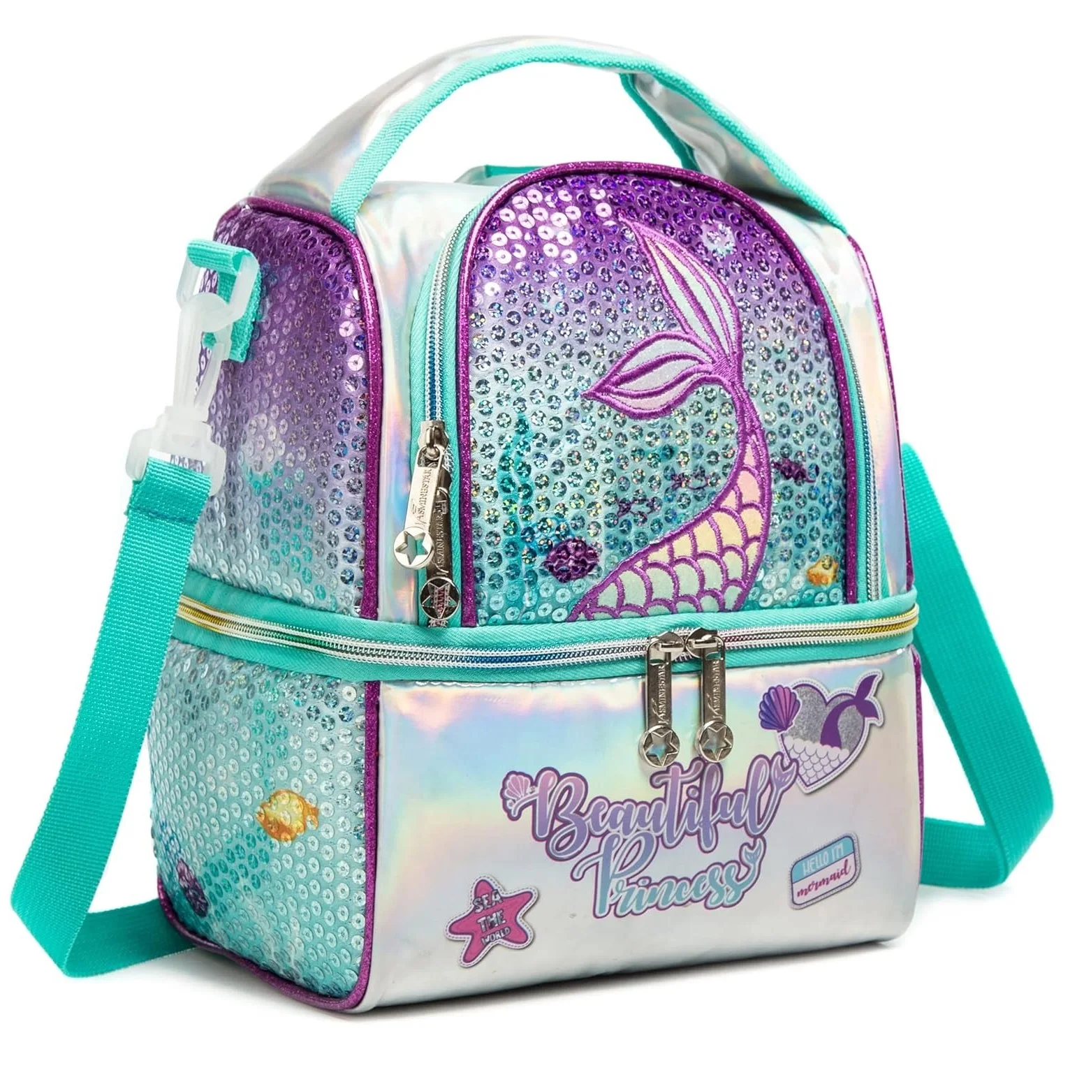 Lunch Bag for Kids Insulated Bag with Adjustable Strap High Capacity Lunchbox School Child Girls Mermaid Sequins Bento Bag 1