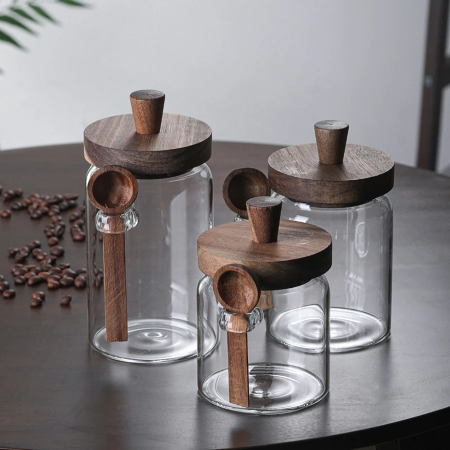 Airtight Glass Food Storage Containers with Wooden Lids - Sealed Jars for Sugar Coffee Candy