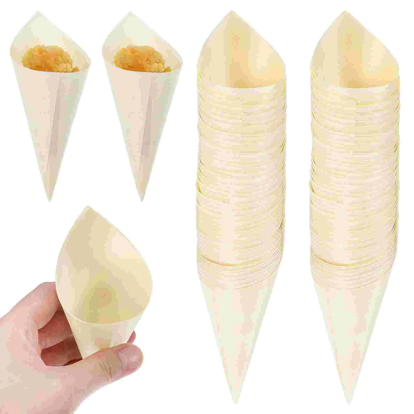 100 Pcs Veneer Roll Charcuterie Cones Small Food Ice Cream Wooden Dessert Tasting Bracket