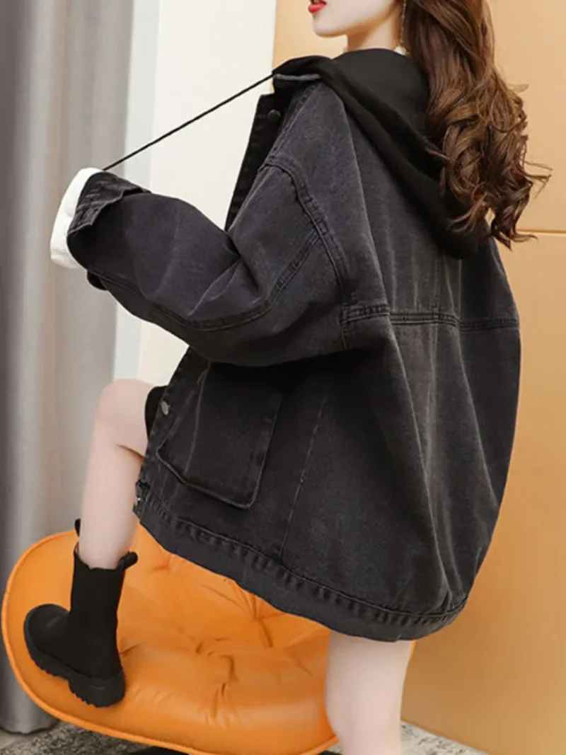 

Streetwear Black Denim Jackets Korean Fashion Patchwork Hooded Spring Jacket Casual Chaquetas Veste En Jeans Pour Femme I143
