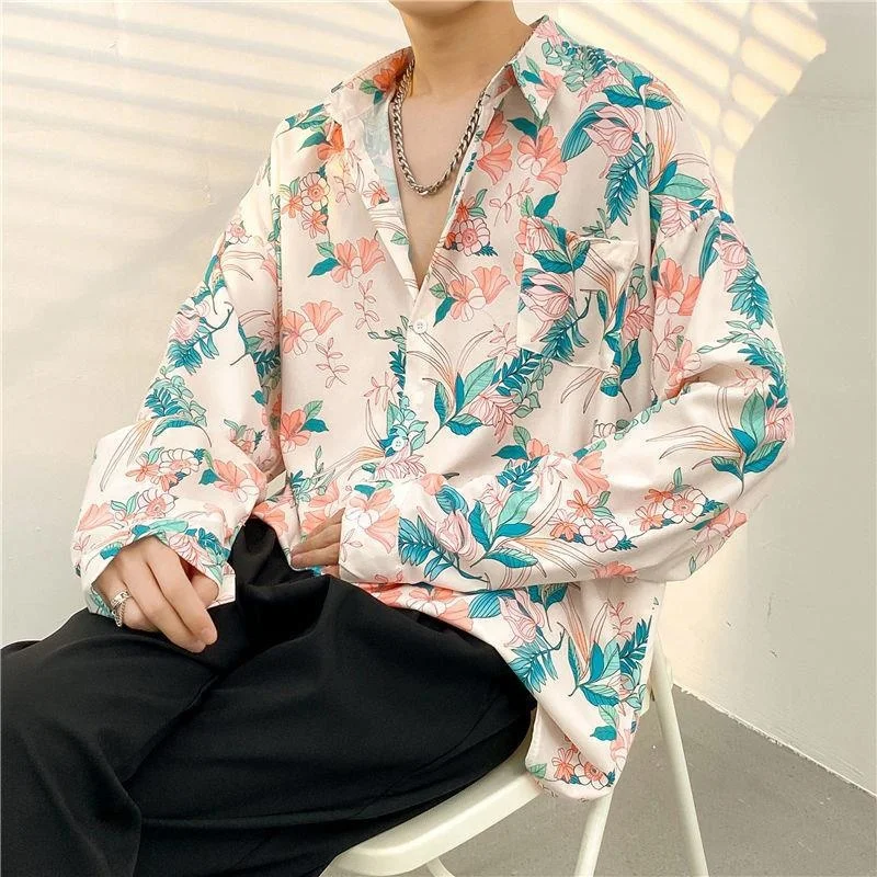 Fashion Streetwear Shirts Graffiti Daisy Flower Painting Print Blouse Hip Hop Harajuku Fashion Loose Long Sleeve Casual Tops Man