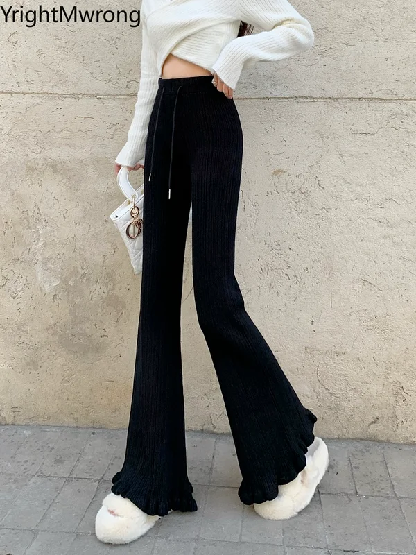 Winter Warm Fleece Knit Black Long Flare Pant Bootcut High Waist Bell Bottom Drawstring Trouser Korean Elegant Fashion Aesthetic trousers for women Pants & Capris