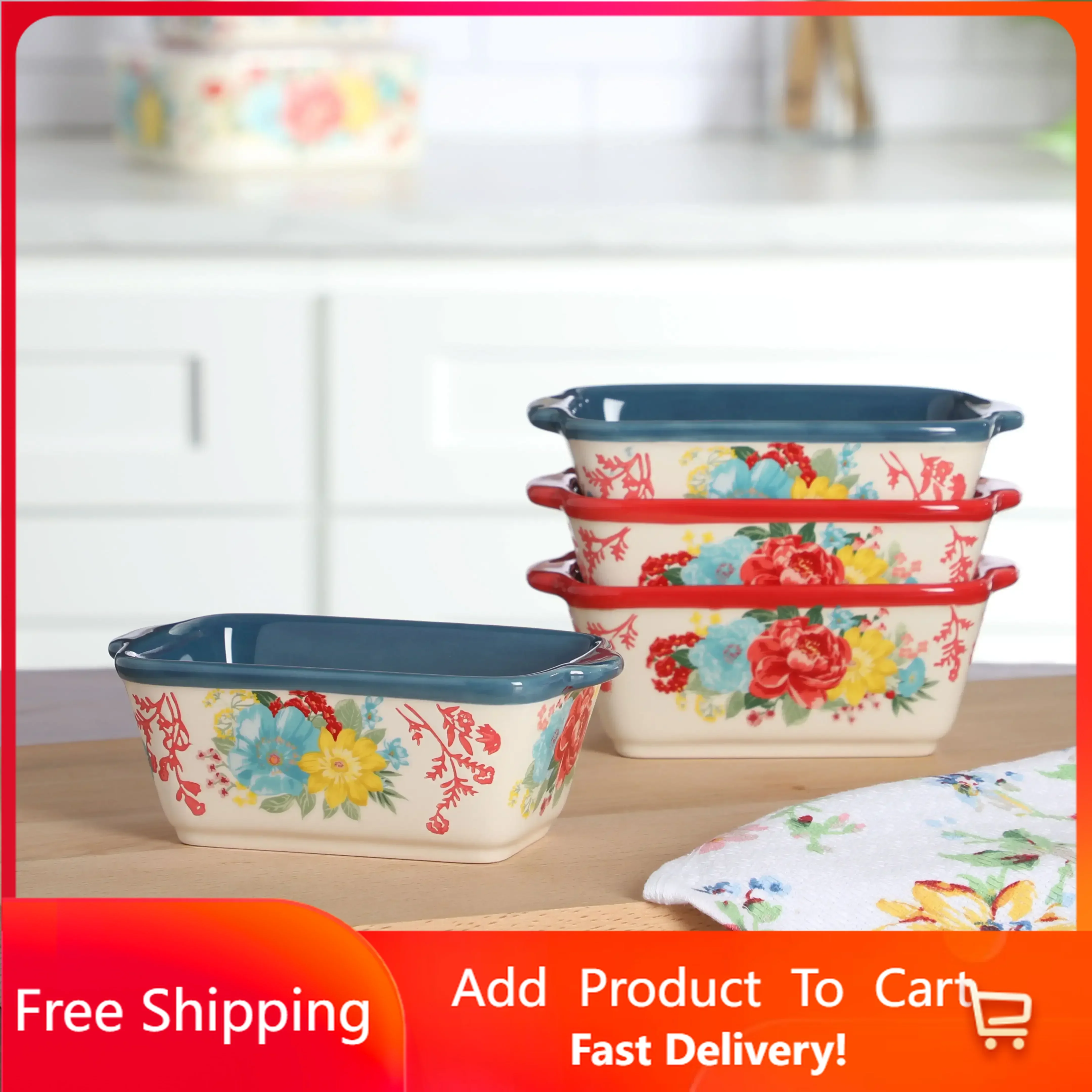 

Fancy Flourish 14.6-Ounce 4-Piece Mini Loaf Set, Dishes , Ceramic Plate ,Serving Basin Free Shipping