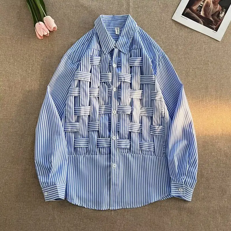 

Men's Clothing 2023 Spring Summer New Weave Long Sleeve Lapel Korean Version Solid Color Striped Printed Trend Casual Shirts