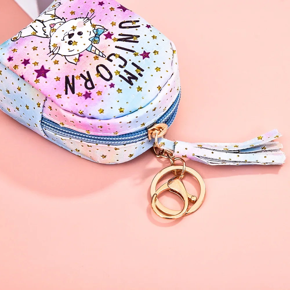 Cute Cartoon Unicorn Coin Purse PU Leather Zip Women Girl Mini Handbag Key Earphone Bag Kids Small Wallet with Keychain Pendants