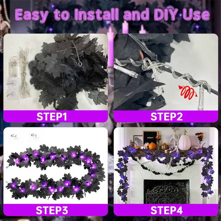 Halloween LED Black Leaf Garland - Battery Powered Fall Vine with Purple Lights