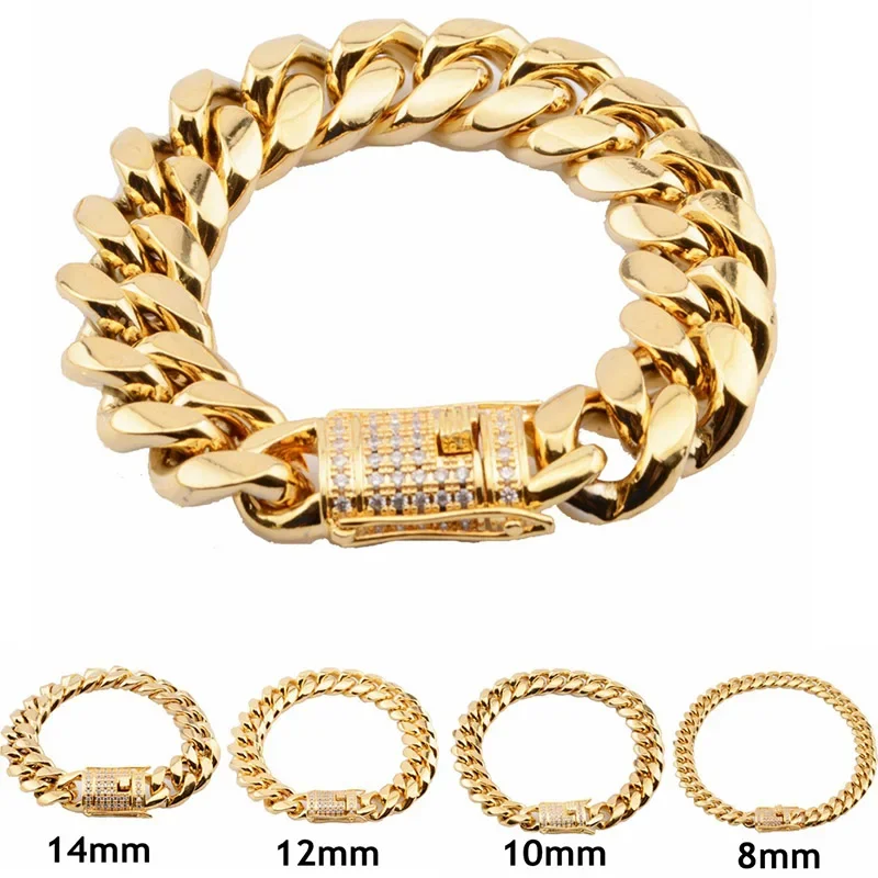 

316L Stainless Steel Curb Cuban Link Chain Gold Color Cubic Zirconia Bracelet Bangle Jewelry For Men Women 8/10/12/14/16/18mm