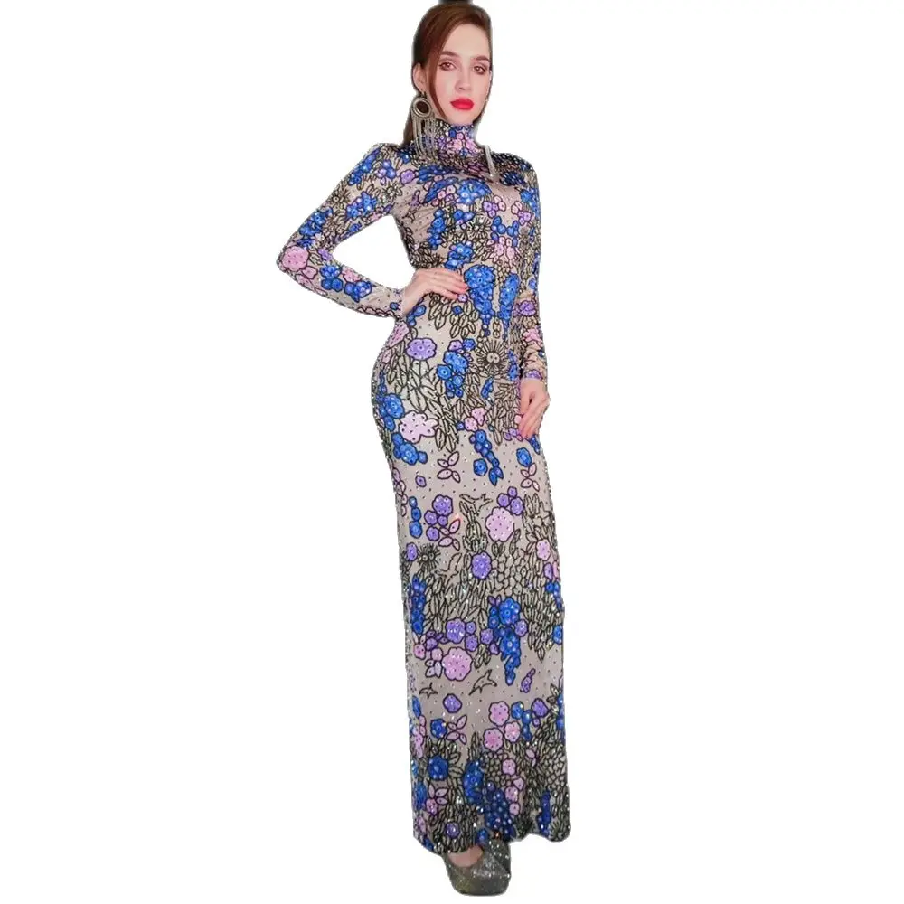 

Sexy Shiny Arabic Evening Party Dresses Long Event Costume Dance Outfit Women Blue Crystal Rhinestone Wedding Dresses