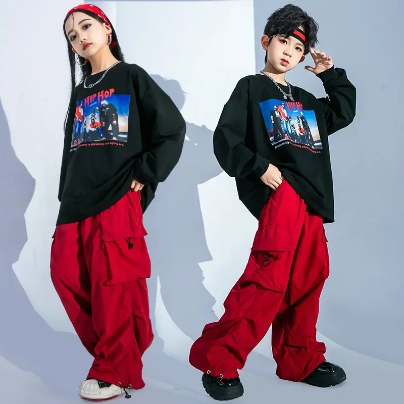

Children Boys Girls Streetwear Hip Hop Costume Long Sleeve T-shirt Cargo Pants T Shirts Suits Sets Kids Tracksuits Stage Clothes