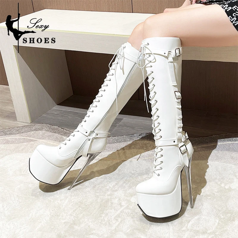 19cm Metal Heel Fashion Modern Boots 2025 New Detachable Mid-Calf Boots Decorative Buckle Band Women Shoes Platform High Heels