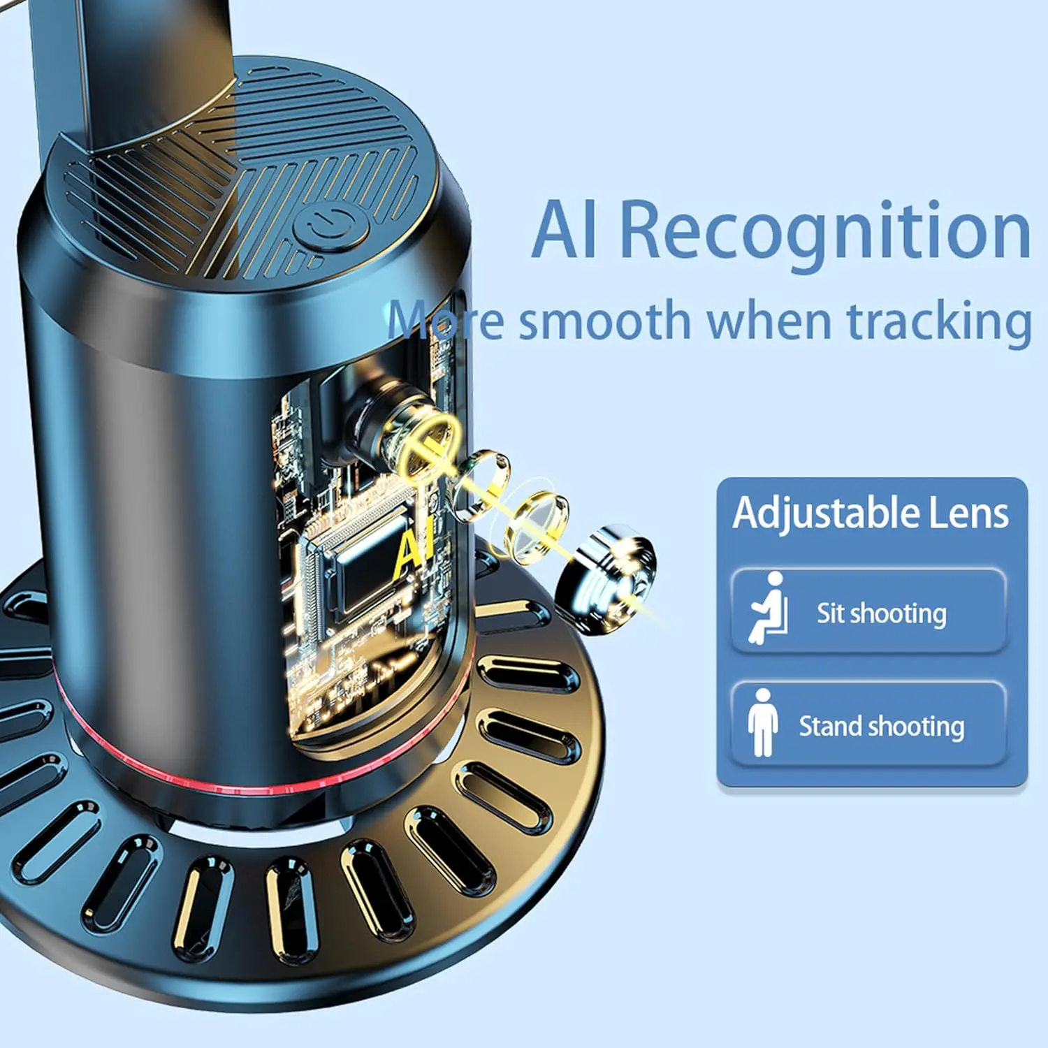 Gimbal intelligent en action : rotation à 360° avec suivi facial, parfait pour live et enregistrement.