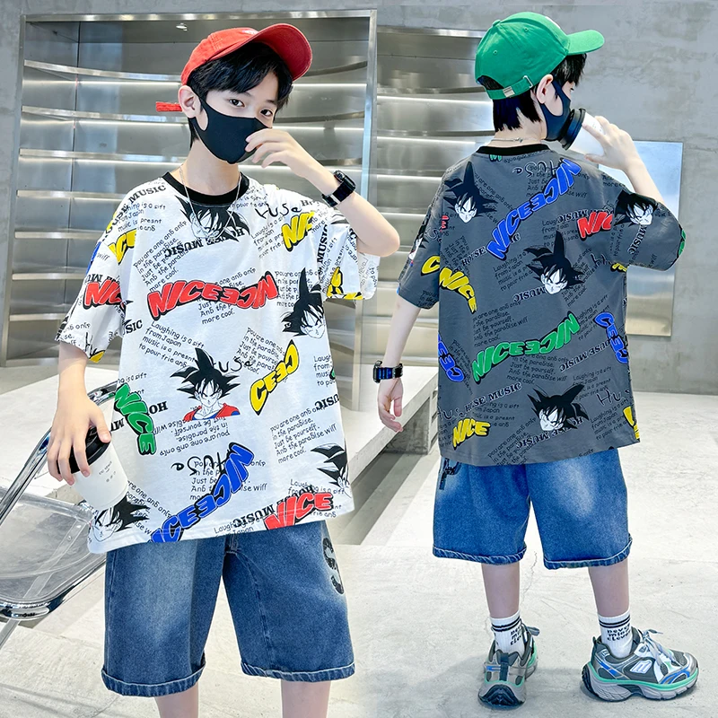 

big boys-clothing cotton Cartoon printed T-shirt+Denim shorts 2pcs 12 14 kids suit children outfits conjunto infantil pra menino