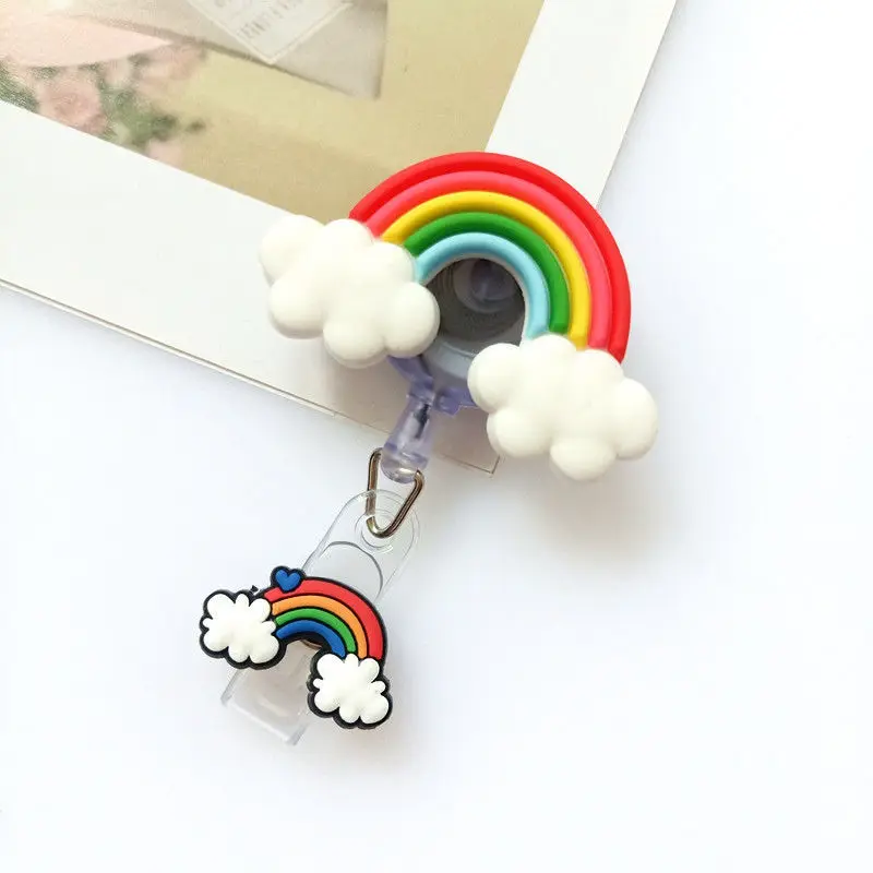 Retractable Badge Reel 1 Piece Soft Silicone Anime Flowers Rainbow Panda Cat Paw ID Card Holder Lanyard