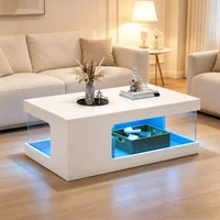 Table basse LED 50x100x35 cm pour salon, salle de séjour ou bureau ; table de canapé haute brillance avec étagères en verre en blanc/noir 2