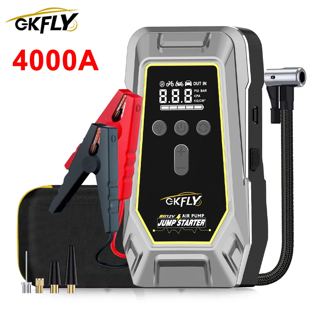 GKFLY 4000A Démarreur de voiture portable, batterie externe avec compresseur d'air, gonfleur de pneus 150 PSI, démarreur de batterie automobile pour voitures