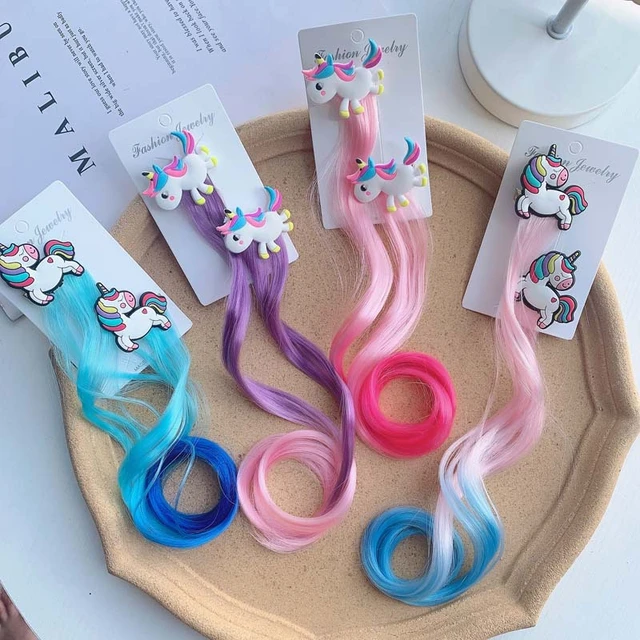 Hair Extensions Clips Wig Clip Extension Rainbow Unicorn Girls Braided  Colored Wigs Braiding Little Girl Fake Pieces