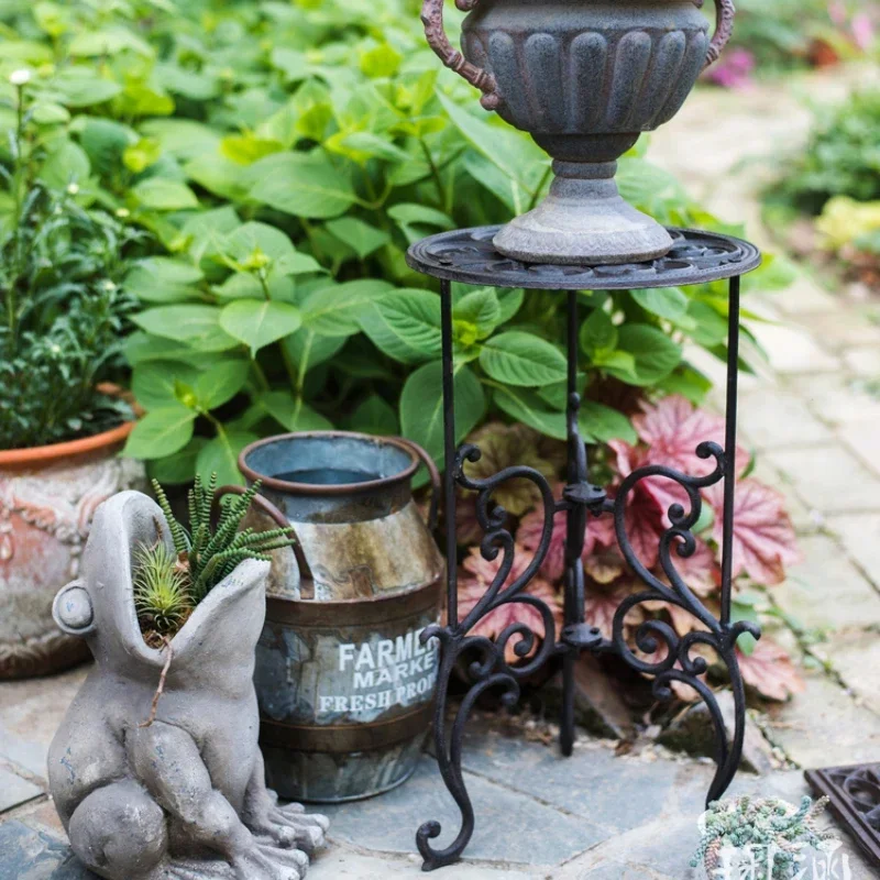 Outdoor Courtyard Plant Stand 2-Layers Cast Iron Flower Base Hollow Out Pattern, Plant Display, Garden Decoration, Storage Shelf