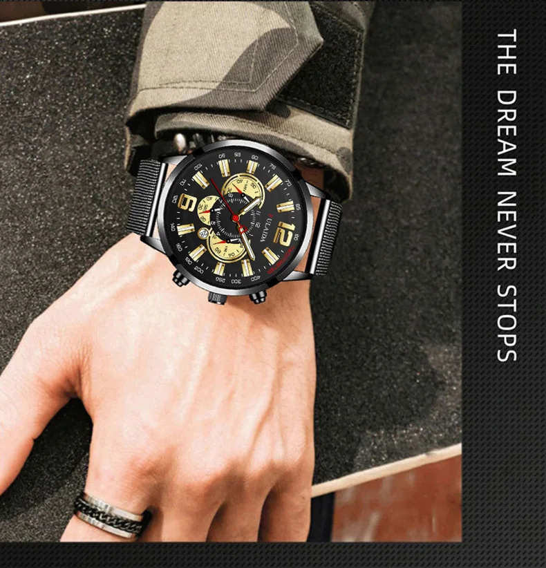 Men's Fashion Business Calendar Watches Luxury Stainless Steel Mesh Belt Analog Quartz Watch Business Luminous Wristwatch Clock
