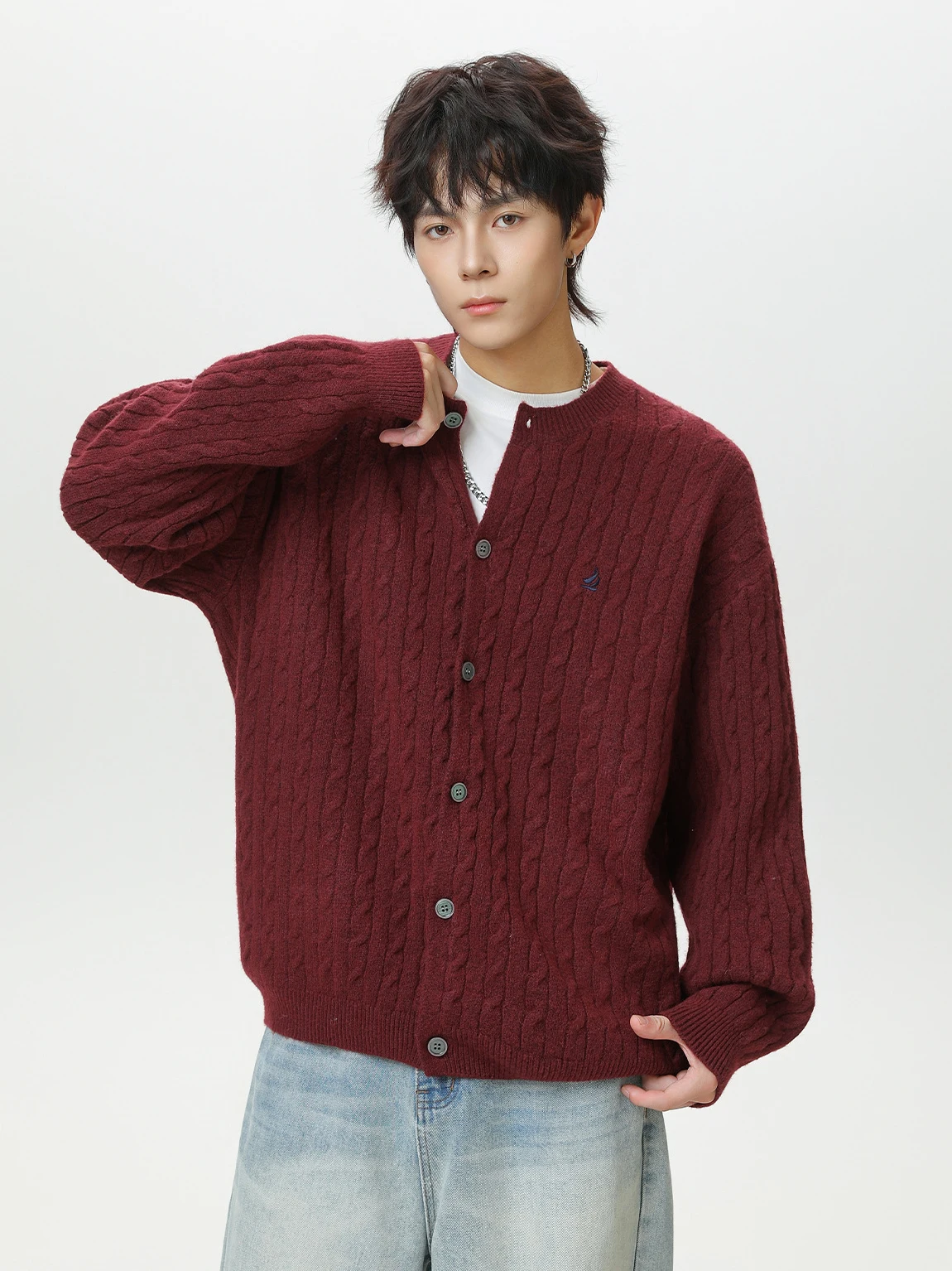 굿바옹 남성 니트 스웨터 라운드넥 오픈 가디건 부드러운 질감 트위스트 니트 캐주얼 스타일 가을 겨울 신상품