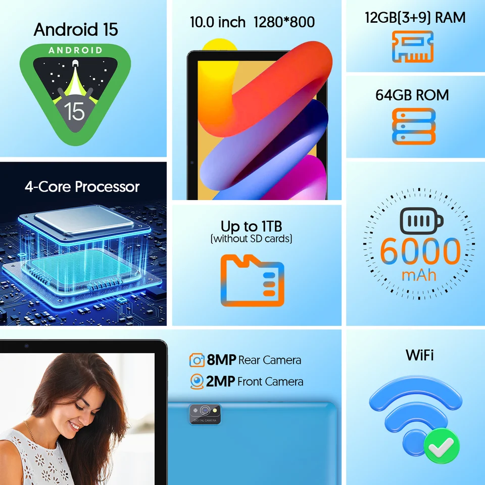 Android 15 Tablet, 10.0-inc Screen, Quad-core Processor, 12GB RAM (3GB+9GB), 64GB Storage, 2MP+8MP Dual Cameras,_voghion.com
