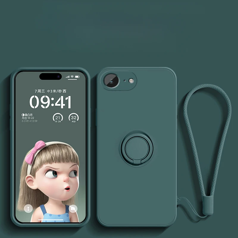 Liquid Silicone Ring Stand Phone Case with Lanyard and Magnetic Soft TPU Cover