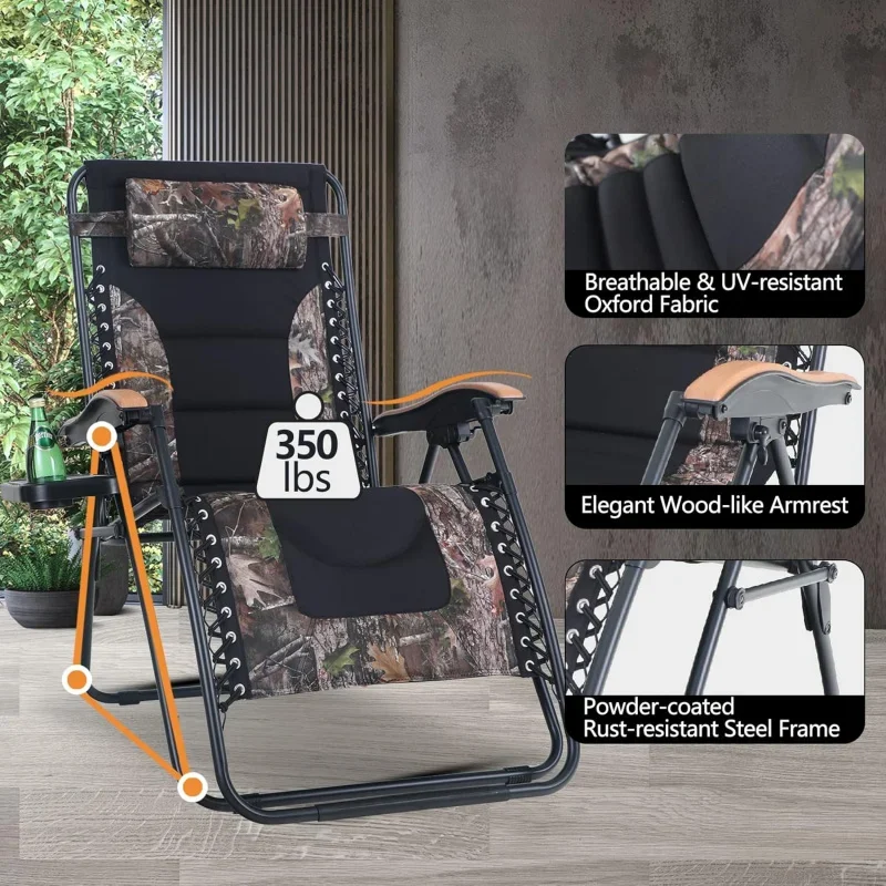 PHI VILLA Oversize Zero Gravity Chair 2, Padded Recliner, Patio Lounge Chair with Free Cup Holder,Support 350 LBS (Camoufla