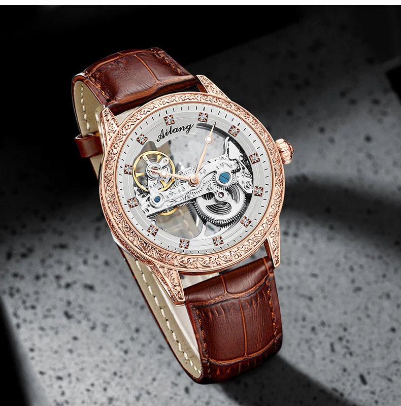AILANG Orologio meccanico scheletrato da uomo con cinturino in pelle, impermeabile, trasparente, di lusso, automatico, tourbillon, orologi da uomo_voghion.com