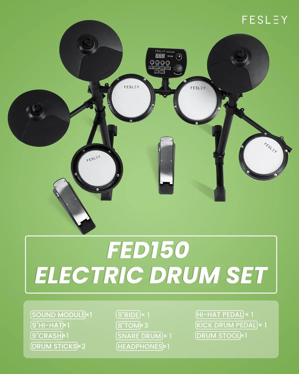 Fesley FED150W Electric Drum Set Electronic Drum Set with 4 Quiet Mesh Pads Dual Zone Snare Drum Portable Set