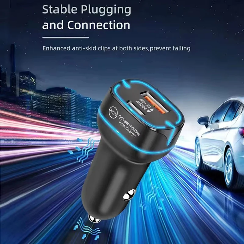 43W 차량용 충전기 USB C 듀얼 포트 고속 충전 자동 어댑터 PD 25W QC 18W LED 라이트 기능 탑재 다양한 휴대폰 호환